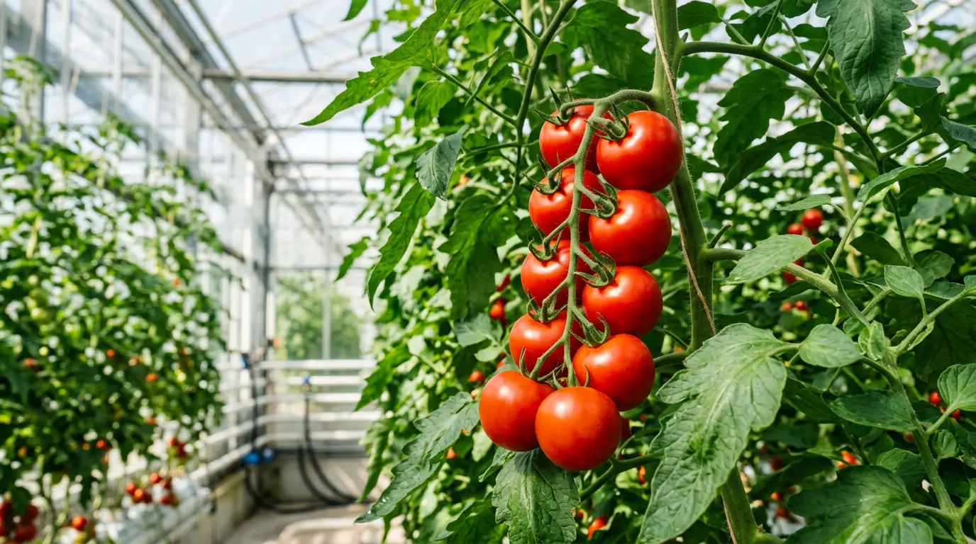 Aerial view of orchard rows and harvest equipment